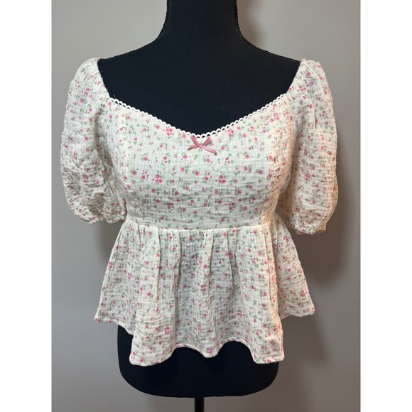 Altar'd State Floral Peplum Top Puff Sleeve Tie Back Pink Ivory Blouse M - Picture 2 of 10